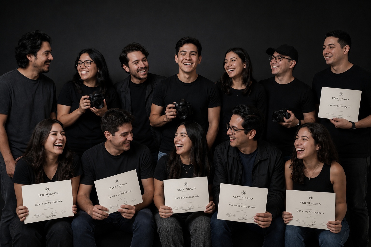 Grupo celebrando la conclusión de un curso de fotografía